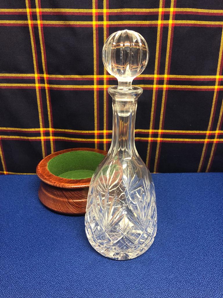 Crystal Cut Decanter with a Round Wooden Table Stand