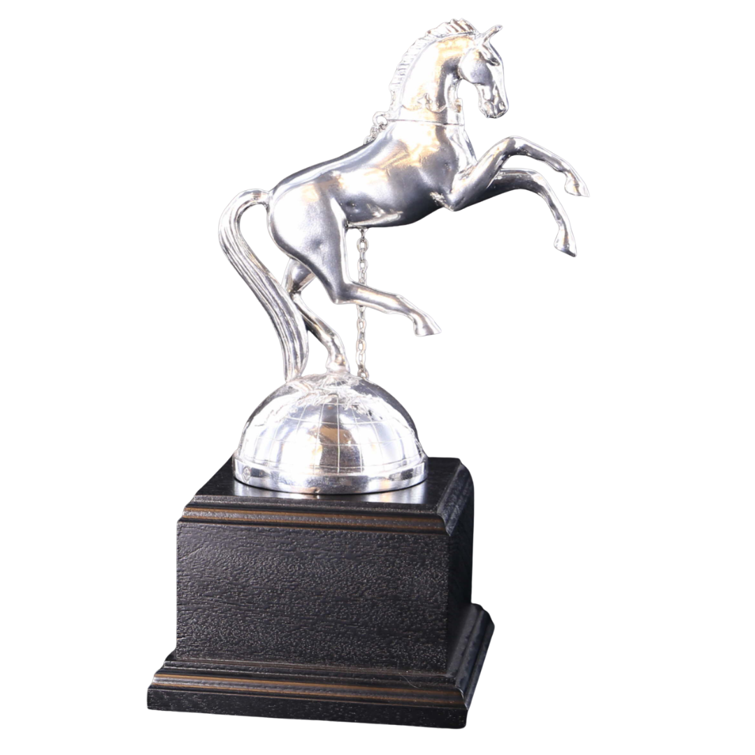REME Rearing Horse in Polished Pewter on a Silver Globe