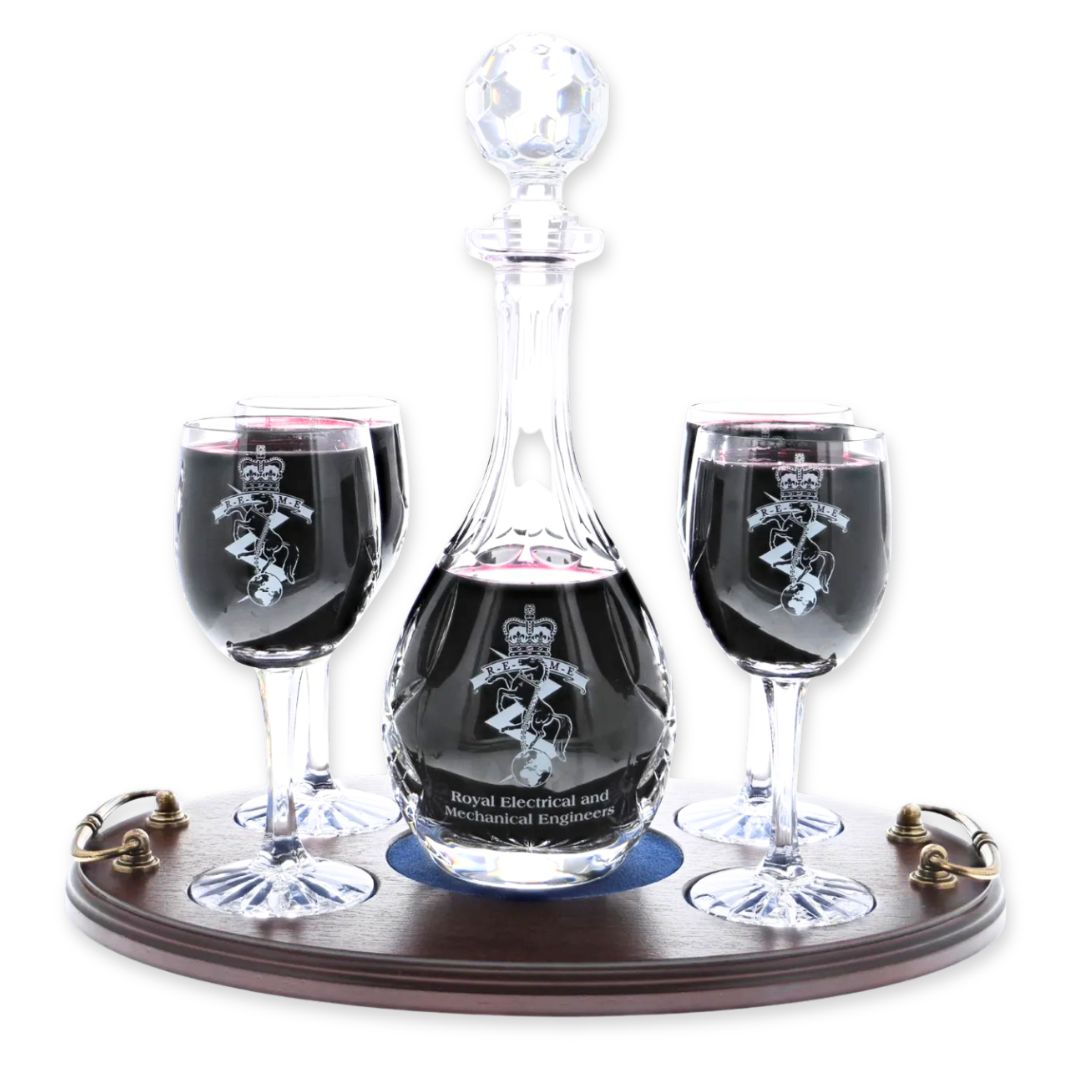 REME Crystal Wine Decanter with 4 Glasses on a Presentation Tray