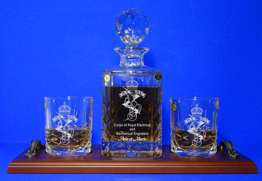 REME Bohemia Crystal Decanter & 2 Matching Whisky Glasses with Tray