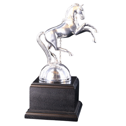 REME Rearing Horse in Polished Pewter on a Silver Globe
