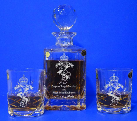 REME Bohemia Crystal Decanter & 2 Matching Whisky Glasses