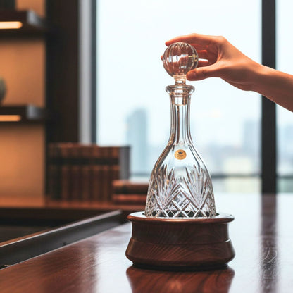 Crystal Cut Decanter with a Round Wooden Table Stand