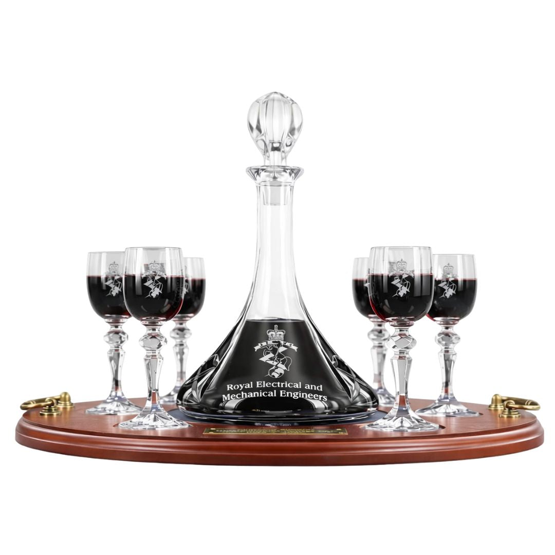 REME Port Decanter, 6 Decorative Stem Glasses and Presentation Tray